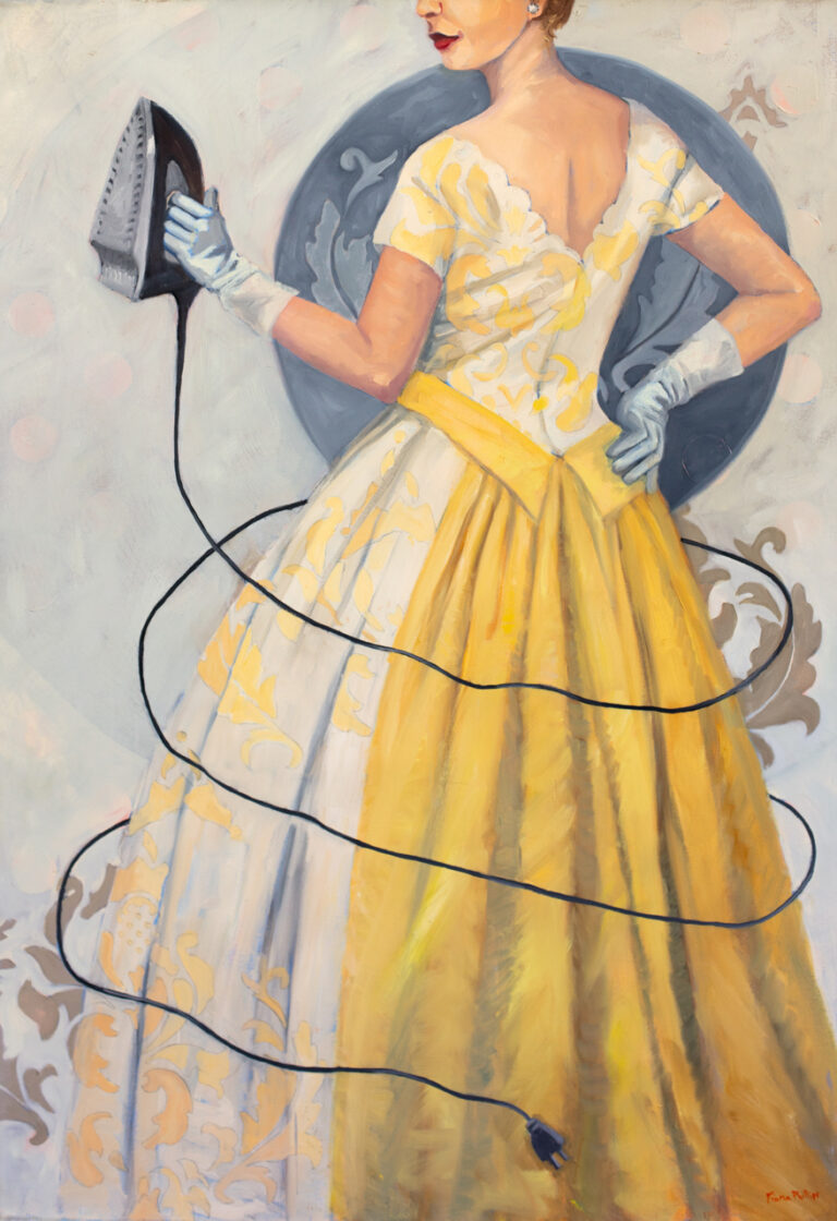 A woman in a yellow and white damask ballgown os holding an iron and the cord is circling around her.