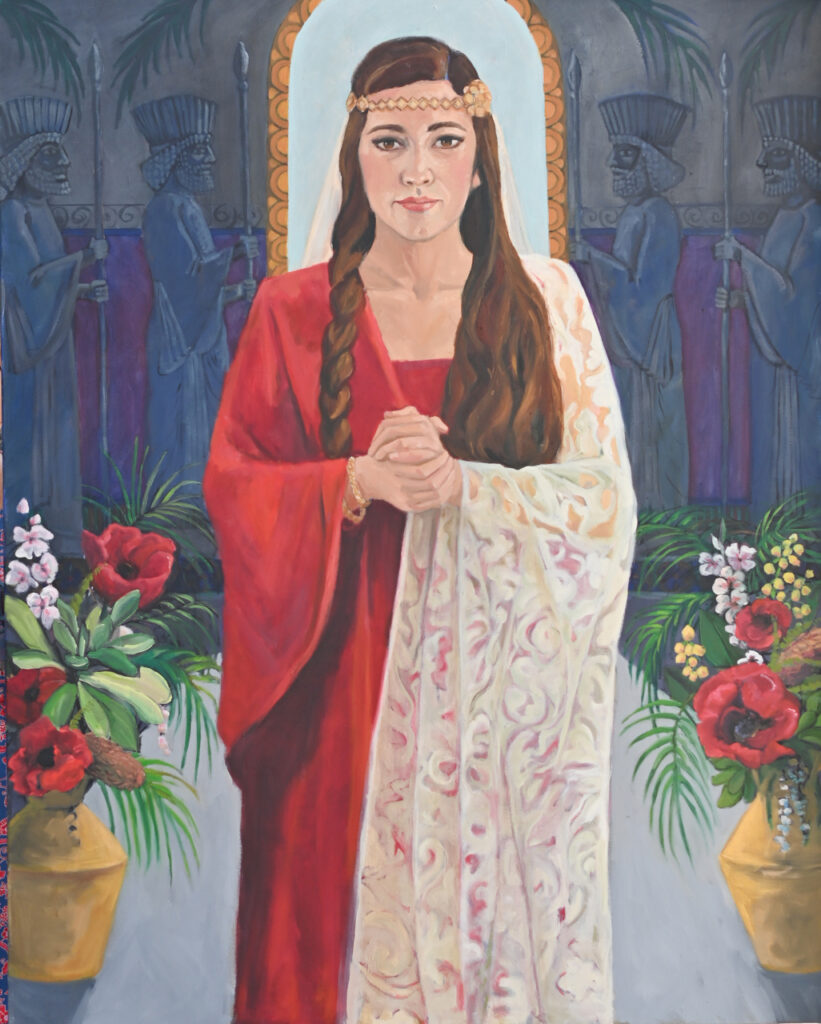 Contemporary realist oil painting of Queen Esther from the Old Testament in a red robe and cream colored lacd shawl. Behind her are depictions of Persian warriors.