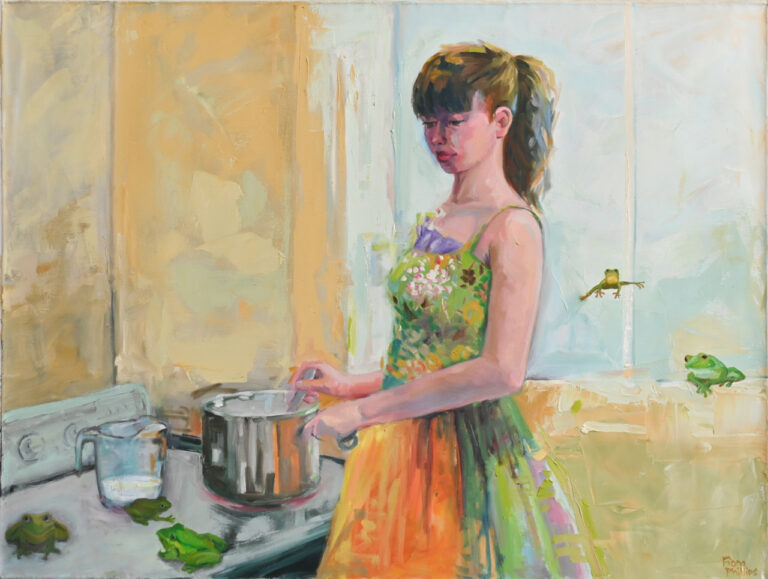 Young woman in a green flowery dress with an orange apron cooking at a vintage stove with frogs jumping and sitting nearby.