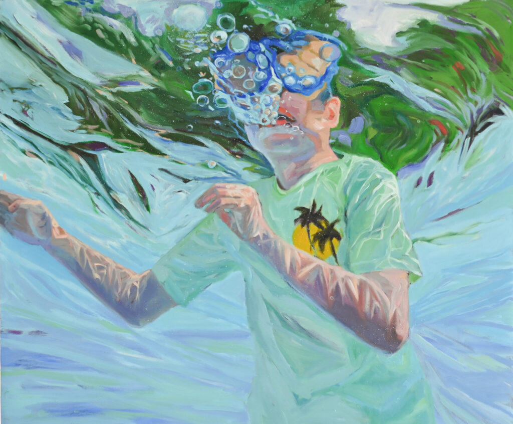 Fine art painting of a boy in blue goggles underwater