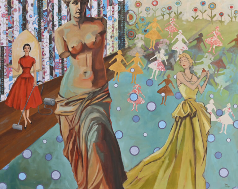 original oil and collage painting in contemporary realist style of Venus de Milo and a glamorous 1950"s woman with another 1950"s in the background vacuuming. There are cut out paper dolls in the background