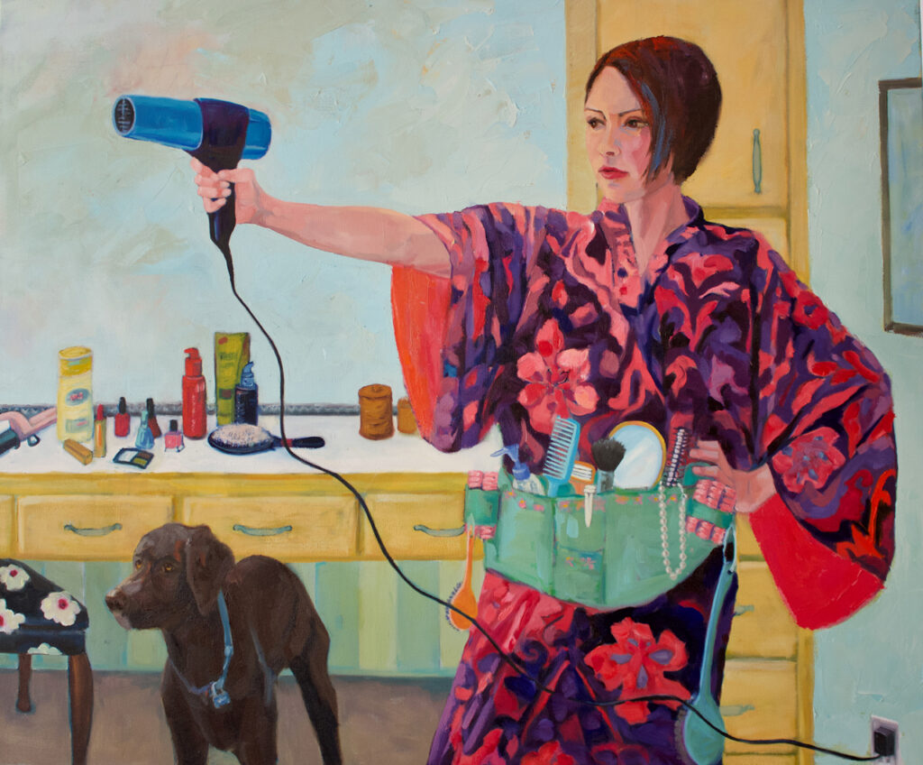 Woman in pink and purple flowered bathrobe holding a hairdryer like a gun with chocolate labe at her side. A counter is behind her with a variety of beaty products. Fine Art contemporary painting, oil on canvas