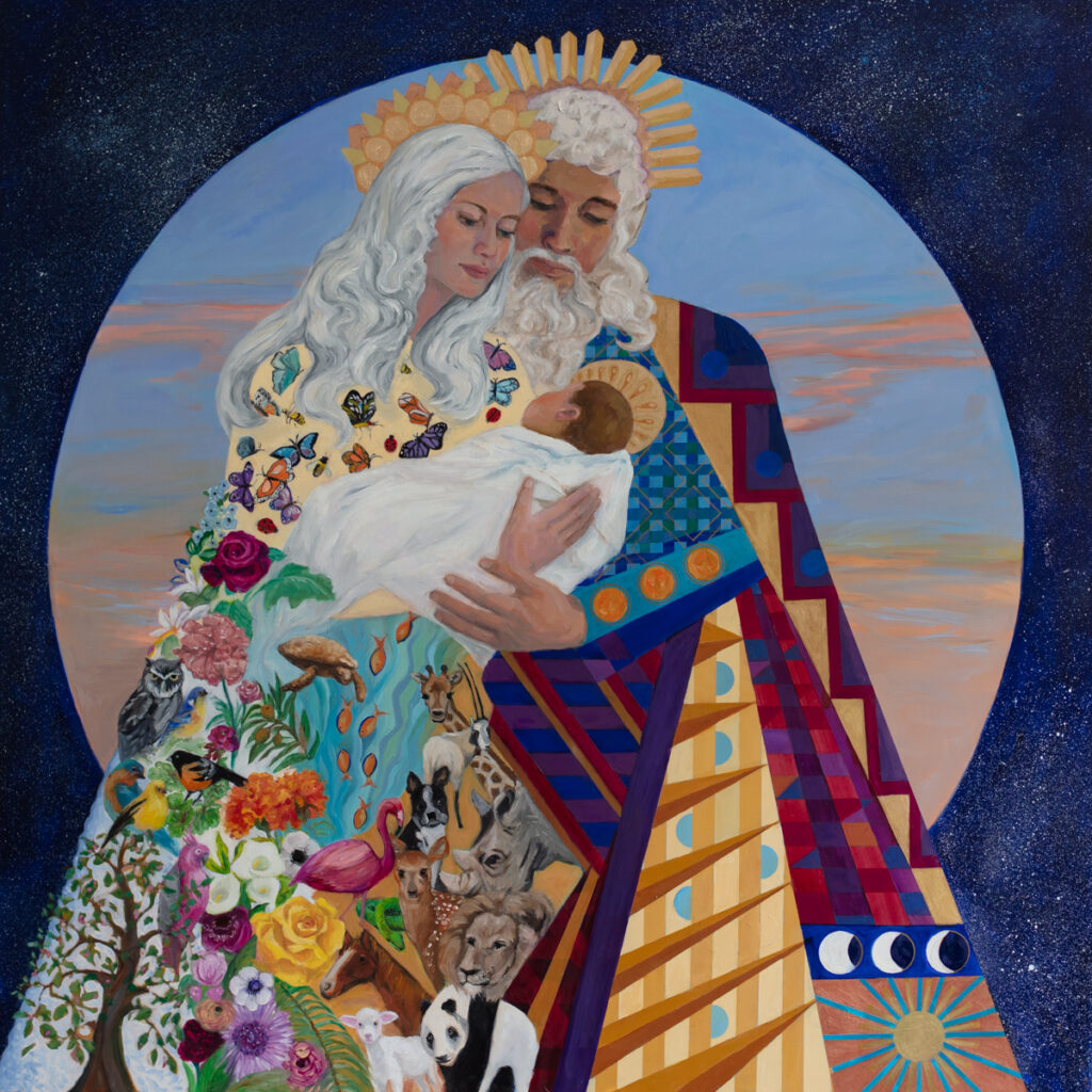 Contemporary realist religious oil painting of Heavenly Father and Heavenly Mother holding the infant Christ. Their robes are filled with creation imagery and the background depicts night and day.