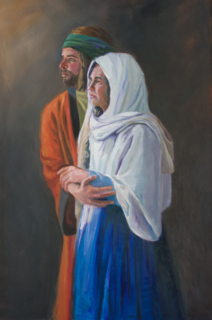 Contemporary Realist oil painting of the apostle John holding Mary, the mother of Jesus Christ.