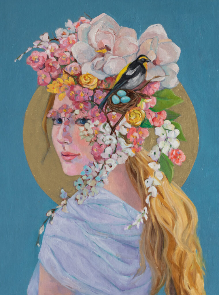 contemporary realist painting of a young woman in a spring flower headdress with a birds nest and bird. She is framed by a golden halo.