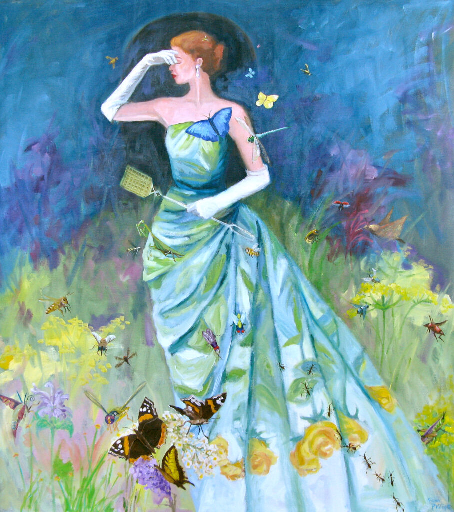 Woman in an evening gown holding a fly swatter and surrounded by butterflies and other flying insects