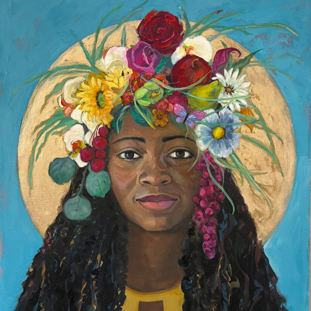 Black woman wearing headdress of flowers and fruit with a gold halo