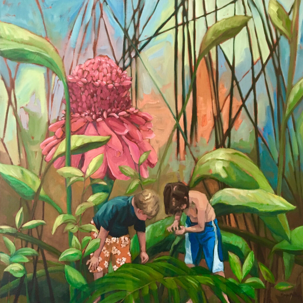 Original fine art oil painting of 2 little boys playing in an oversized garden, with gree foliage and a giant pink flower