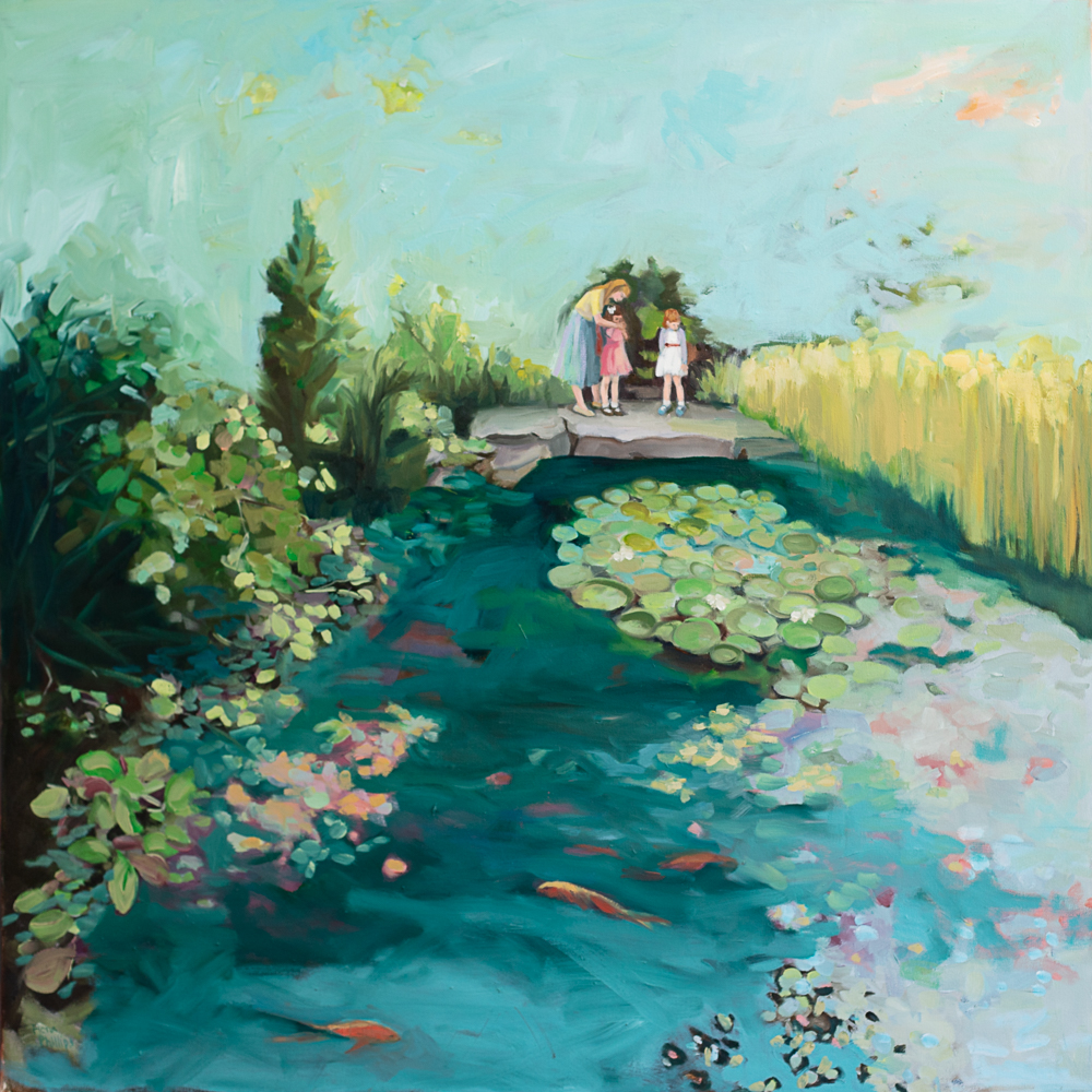 A fine art original oil painting of a lily pond with koi fish and a mother and 2 little girls in the backgroud