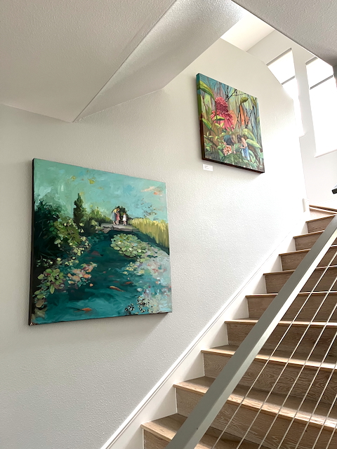 photo of an original oil painting by Fiona Phillips in a stairwell