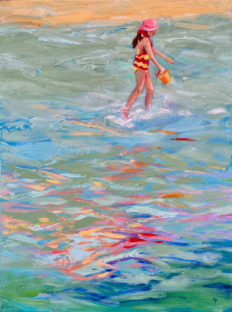 a little girl ina striped bathing suit carrying a pain and splashing in bright colored water